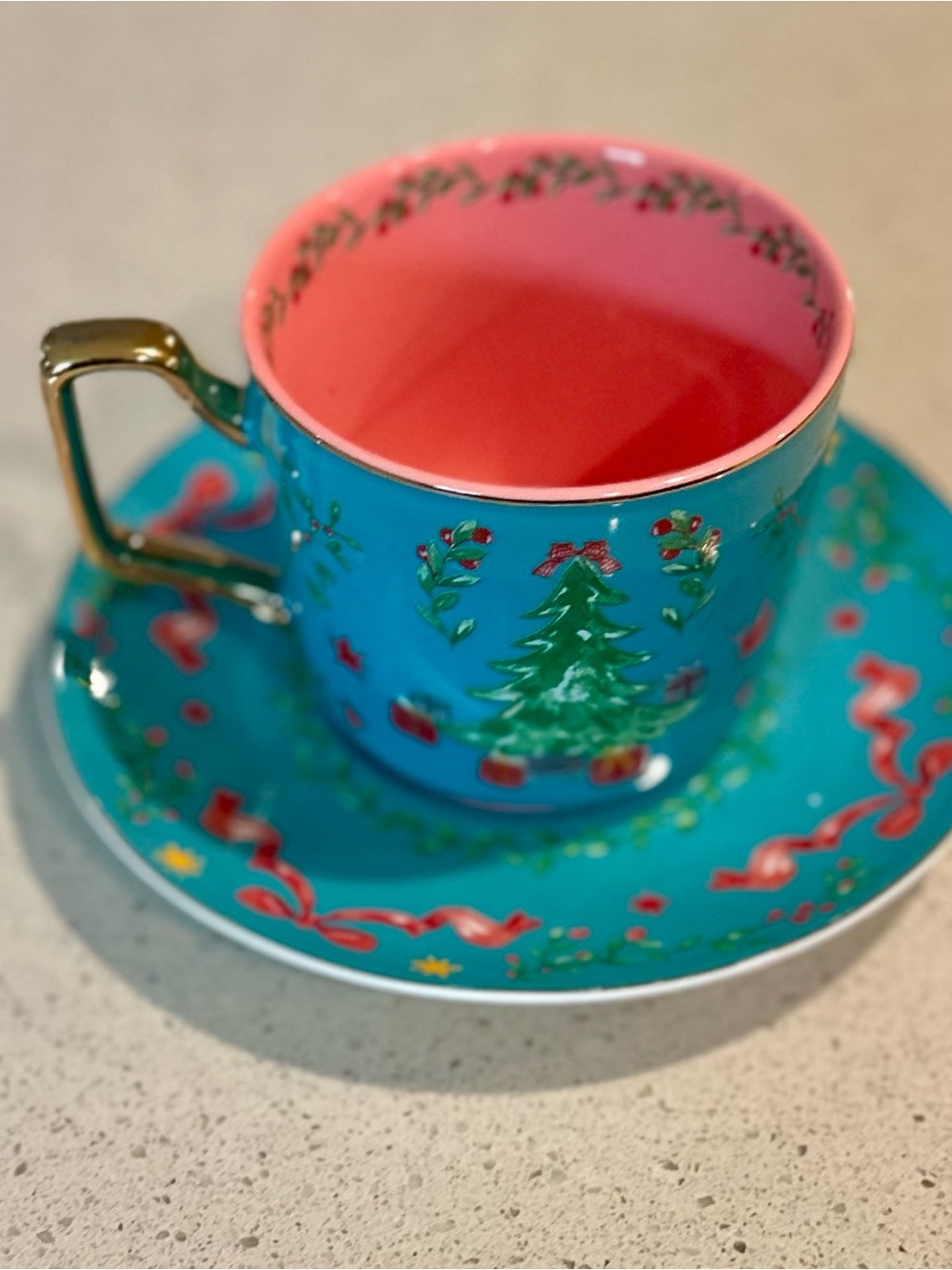 Monterey Bay Teal & Pink Christmas Tree Teacup and Saucer
